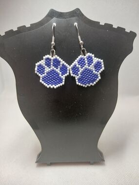Handmade Blue Paw Print Beaded Earrings - Cute Pet Charm